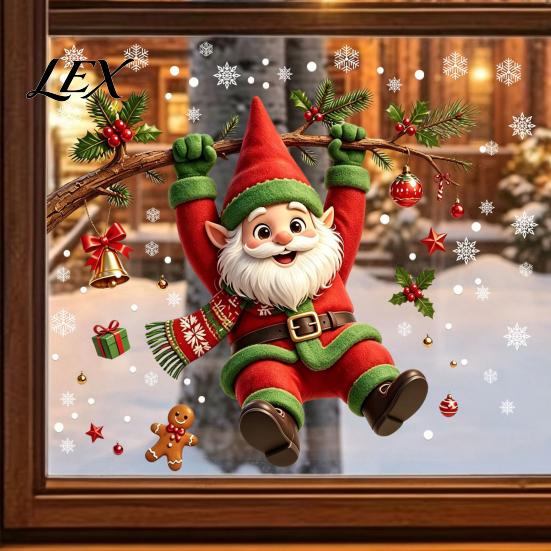 Christmas Glass Stickers Cute Gnome Static Window Cling, Removable Decal with Holly Bell Home Ornaments Gingerbread Snowflake, Holiday Decor