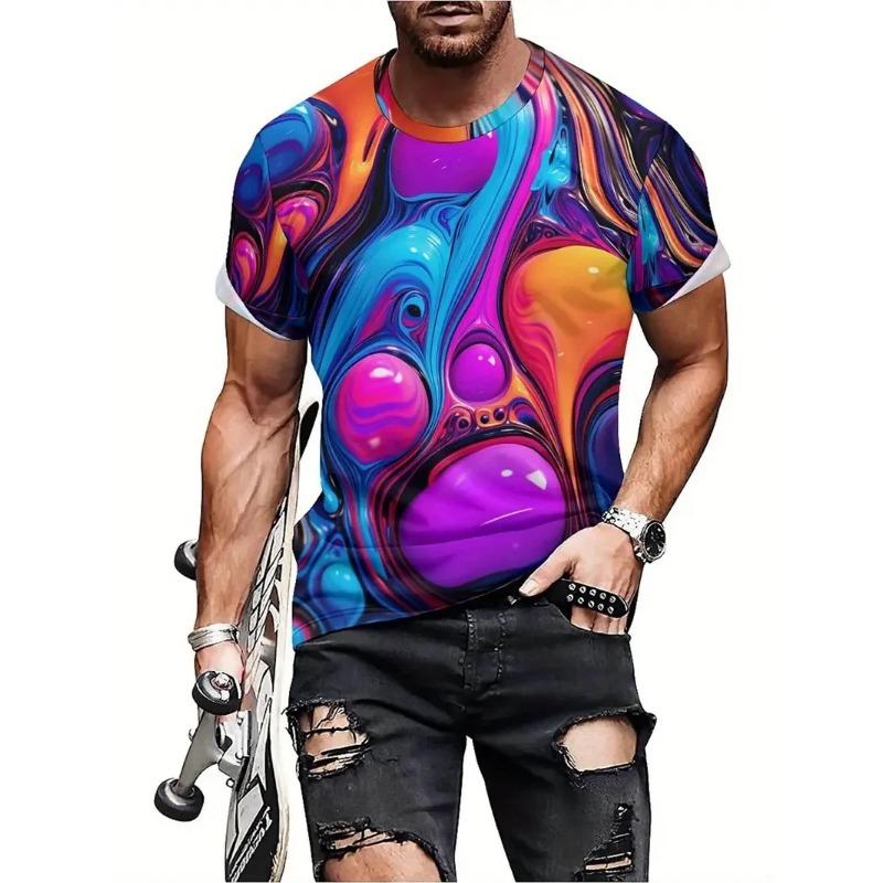 Summer Round Neck Colorful Abstract Pattern 3D Print Top Fashionable Casual Hip Hop Short Sleeved Men's T-shirts