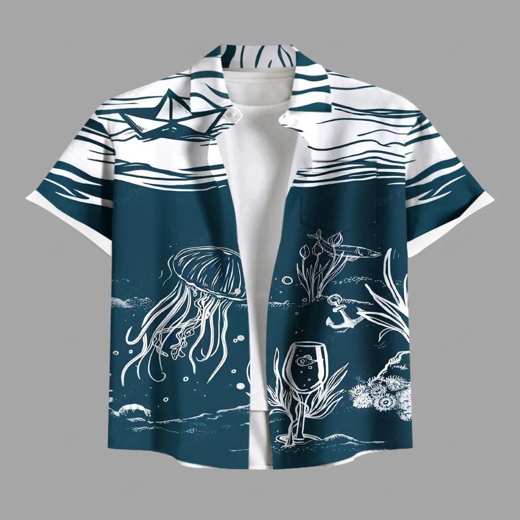 Vacation Style Coconut Tree Printed Short Sleeve Shirt, Loose Lapel Fake Two-Piece Design, Casual Breathable Outfit for Daily Wear and Beach Trips