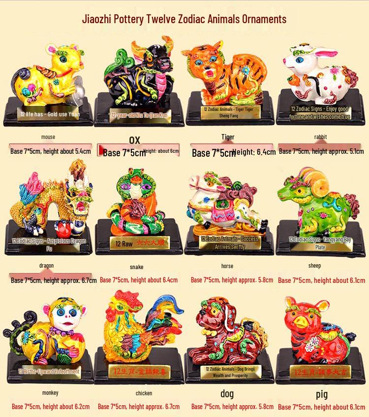 Керамический набор со знаками Зодиака - 12 глиняных скульптур-украшений: Крыса, Бык, Тигр, Кролик, Дракон, Змея, Лошадь, Обезьяна, Благоприятные Талисманы