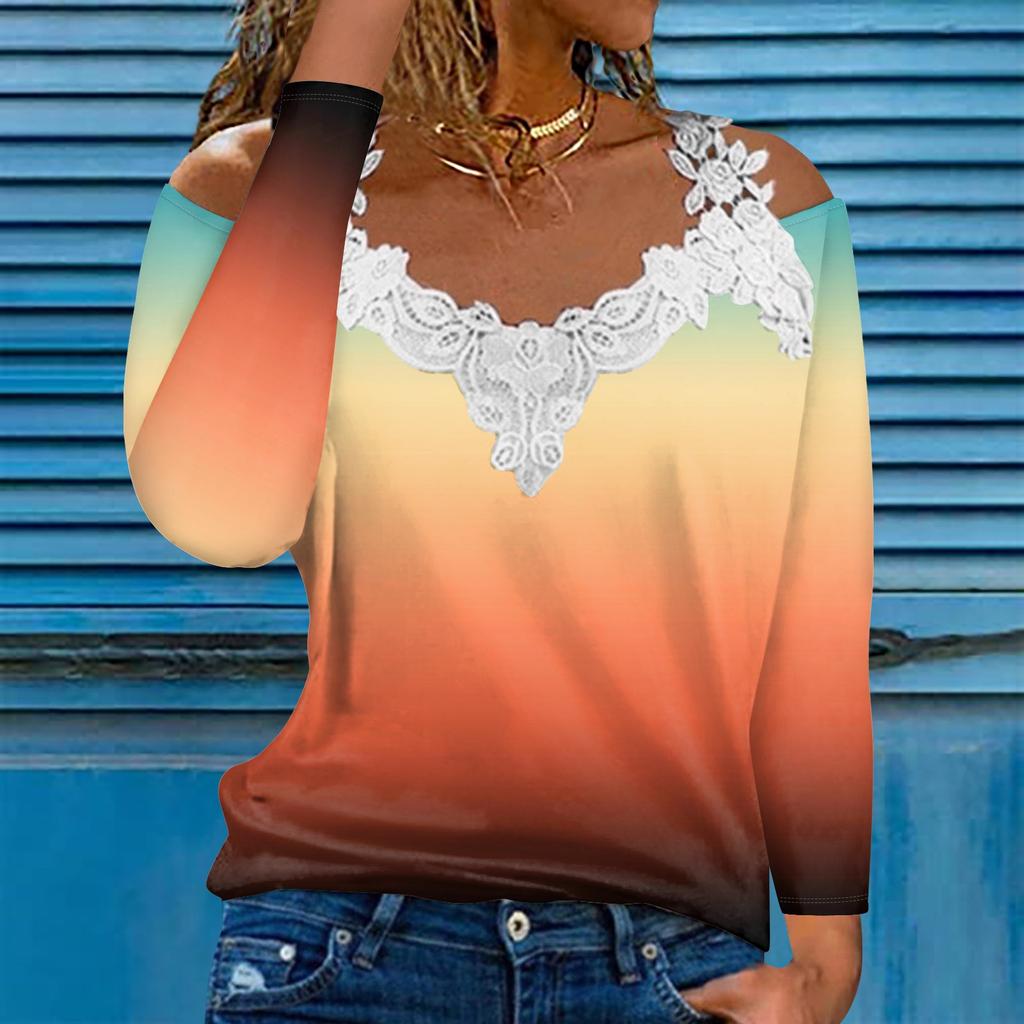 Модный кружевной пуловер с V-образным вырезом, длинный рукав, градиентный принт, повседневная футболка