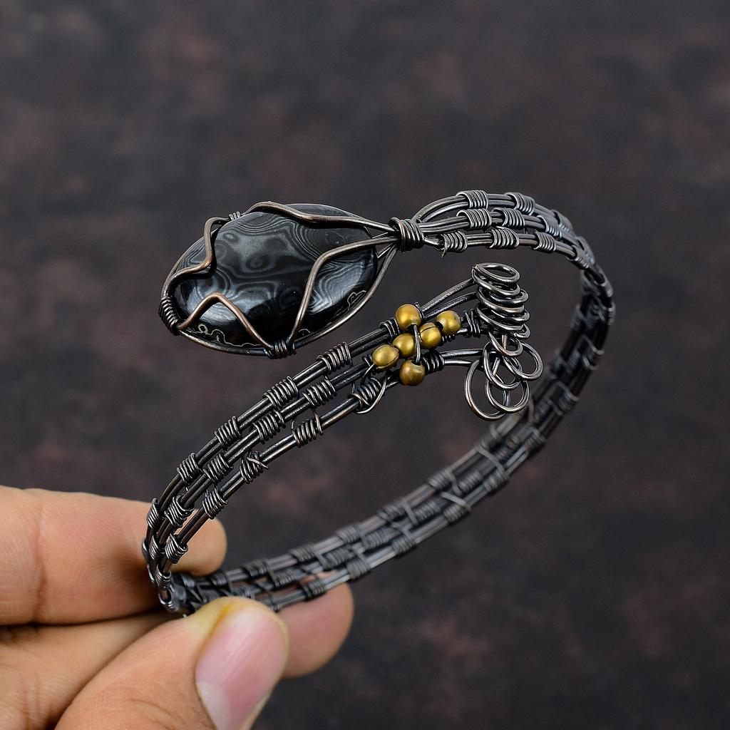 Браслет Psilomelane из медной проволоки, обернутый драгоценными камнями, браслет-манжета ручной работы, стильный браслет, регулируемый браслет из медной проволоки, ювелирные изделия, подарок на годовщину