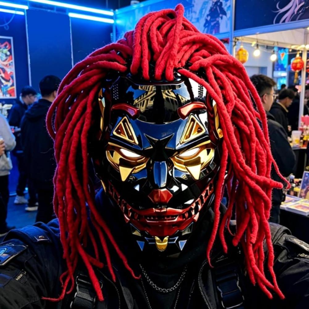 Clown Mask, Resin Full Face Horror Cosplay Prop with Wig for Halloween | Mechanical Anime Design, Dreadlock Wig Attached, Lightweight Resin