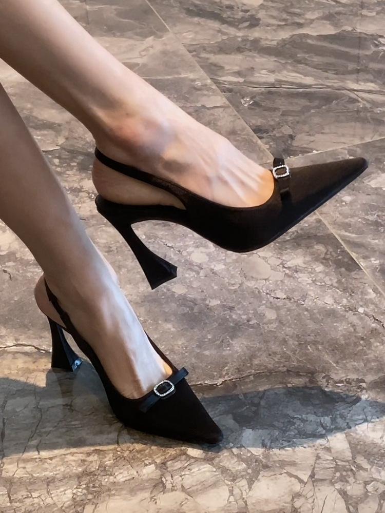 Burgundy Bow Buckle Rhinestone Sandals Horseshoe Heel Strap Sexy Celebrity High Heels