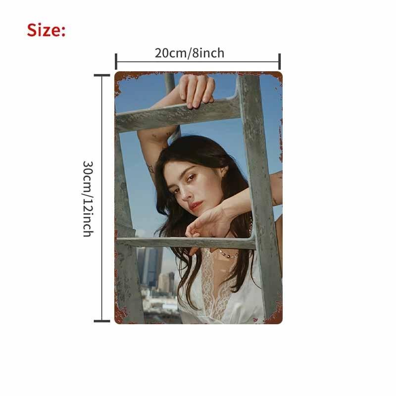 HD Metal Tin Sign Cityscape Girl in White Lace Top by Fire Escape Art Print Vintage Urban Wall Decor Retro Waterproof Metal P