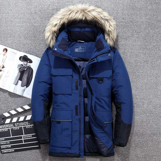 Белая куртка на утином пуху, мужская толстая зимняя теплая парка с воротником из натурального меха, водонепроницаемая ветрозащитная одежда высшего качества