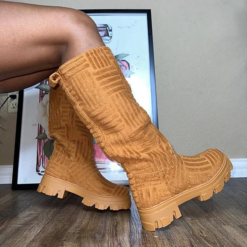 Модные женские длинные сапоги Дизайнерский бренд Махровые ботильоны до колена Женские на толстой подошве Розовые Зеленые Ботас Тон в тон