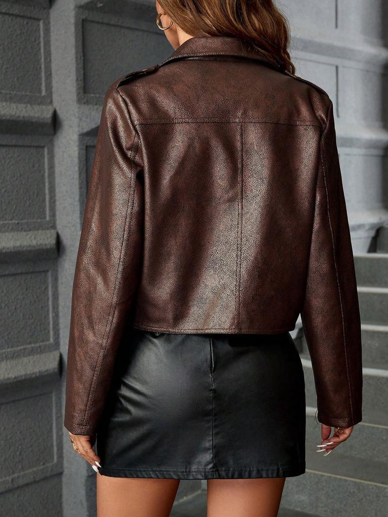 Rose Beauty A Punk Vintage Texture Collared Zip Design PU Leather Motorcycle Crop Jacket With Distressed Finish