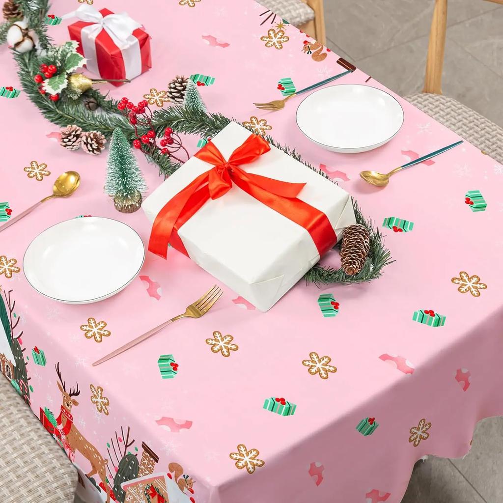 Christmas Gingerbread House Reindeer Fabric Tablecloth Dining Room Decor Waterproof Tablecloth for Table Xmas Party Decorations
