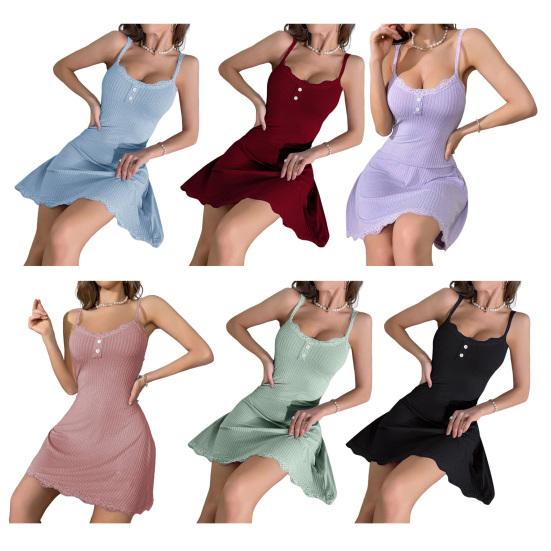 Women's Sexy Lace Nightgown Sleeveless Spaghetti Strap Ribbed Chemise Sleepwear Soft Babydoll Slip Nightdress