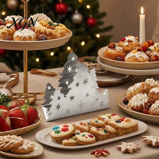Festive Napkin Organizer Christmas Tree Holder, Stainless Steel Vertical Paper Towel Stand, Modern Metal Tray Decorative Dispenser for Holiday