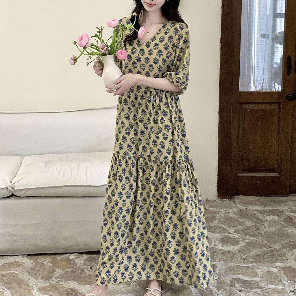 1011 New women's cotton and silk dress French spring, summer and autumn can be worn outside loose cake dress long dress large size nightdress