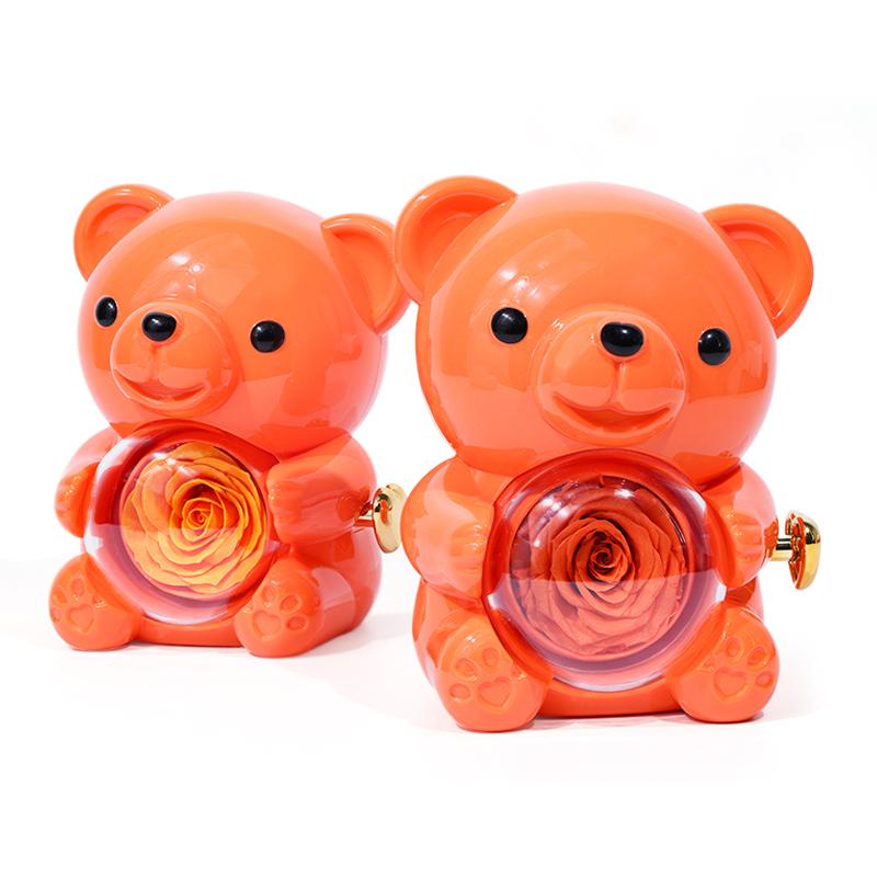 Vibrant Orange Huggable Bear Jewelry Box 360 Rotating Rose Flower Gift Box Exquisite Mini Case for Valentine's Day Gifts