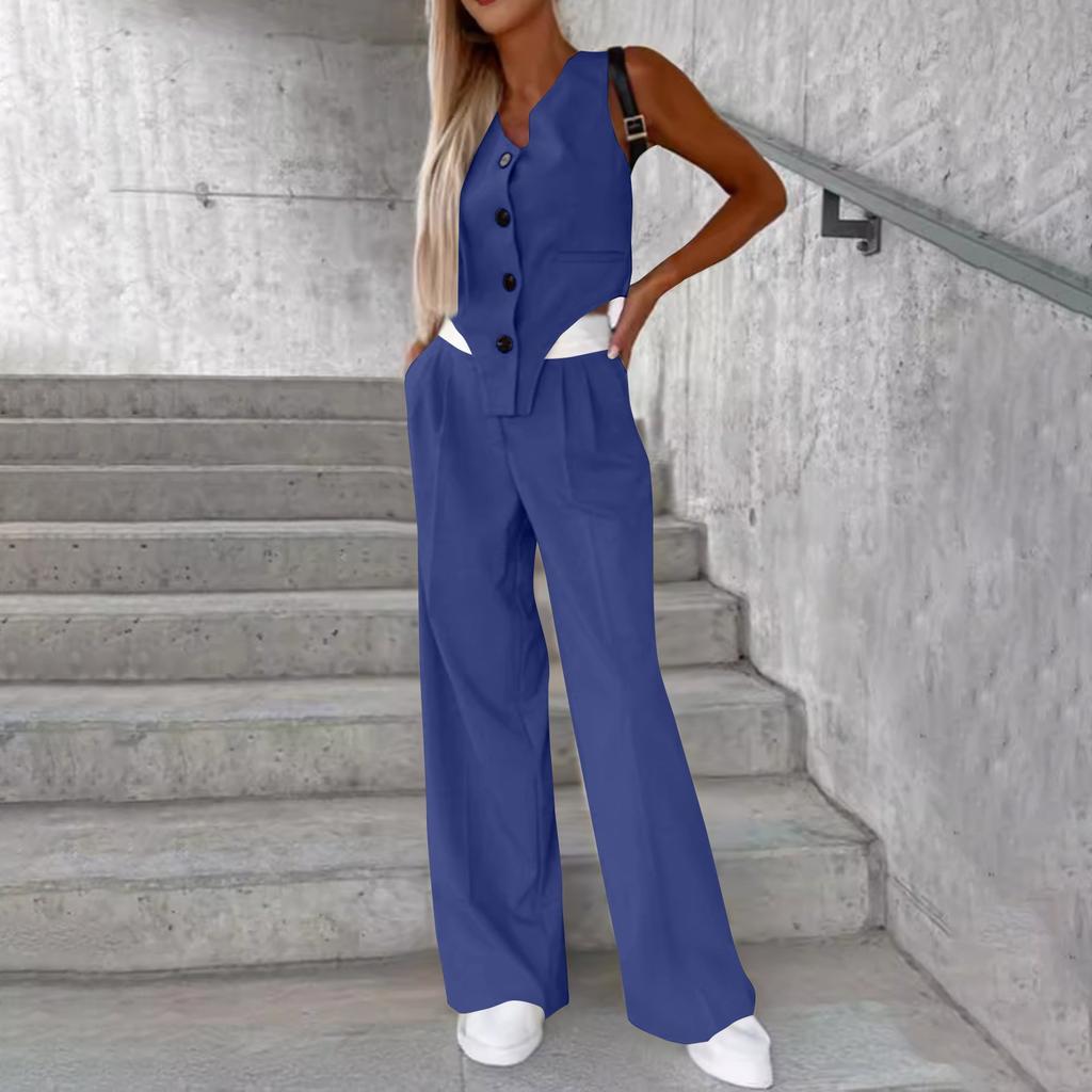 Женская летняя мода, повседневный жилет на пуговицах, комплект брюк, женская одежда