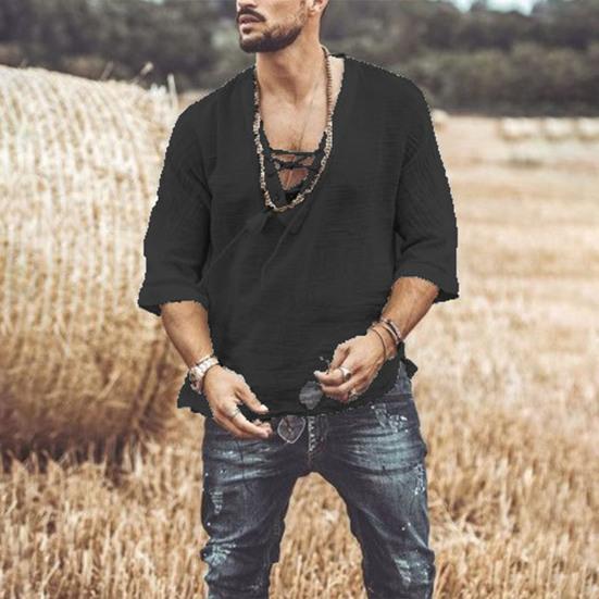 Мужская повседневная хлопково-льняная рубашка с полурукавом, V-образным вырезом и шнуровкой, футболки в богемном винтажном пляжном летнем стиле