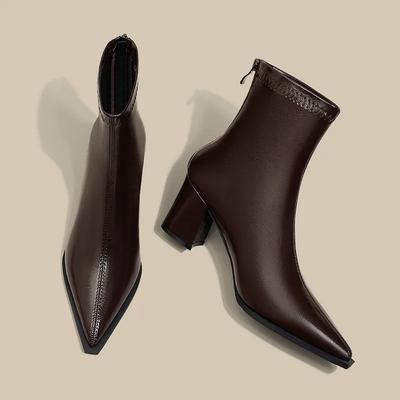 Модная женская обувь 2024 года, женские ботильоны больших размеров, элегантные современные ботинки, женские, сшитые, с острым носком, на толстом каблуке, с молнией сзади, женские