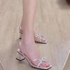 Sandals for Woman Block Heel Footwear Party Weddings Bow Women's Shoes with Medium Heels Summer 2024 Chunky Thick Silver Vip H F