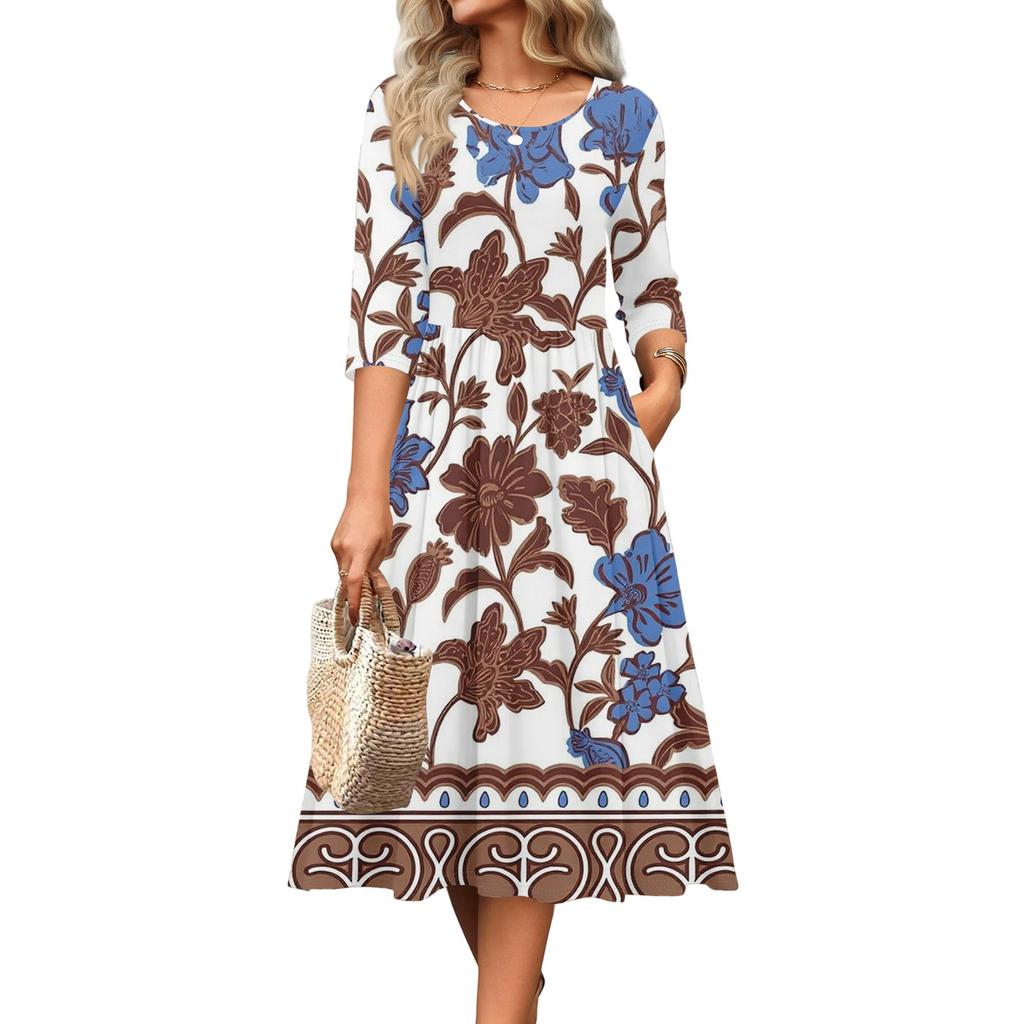 Женское платье с рукавом 3/4, повседневное, свободное, А-силуэта, миди, футболка, с карманами, с круглым вырезом, для отпуска, в стиле бохо, пляжный сарафан
