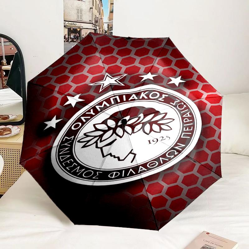 Olympiacos Fc Crest Emblem Automatic Folding Umbrella - 8-Rib Travel Umbrella with Auto Portable Case, Ideal Gift for Birthdays