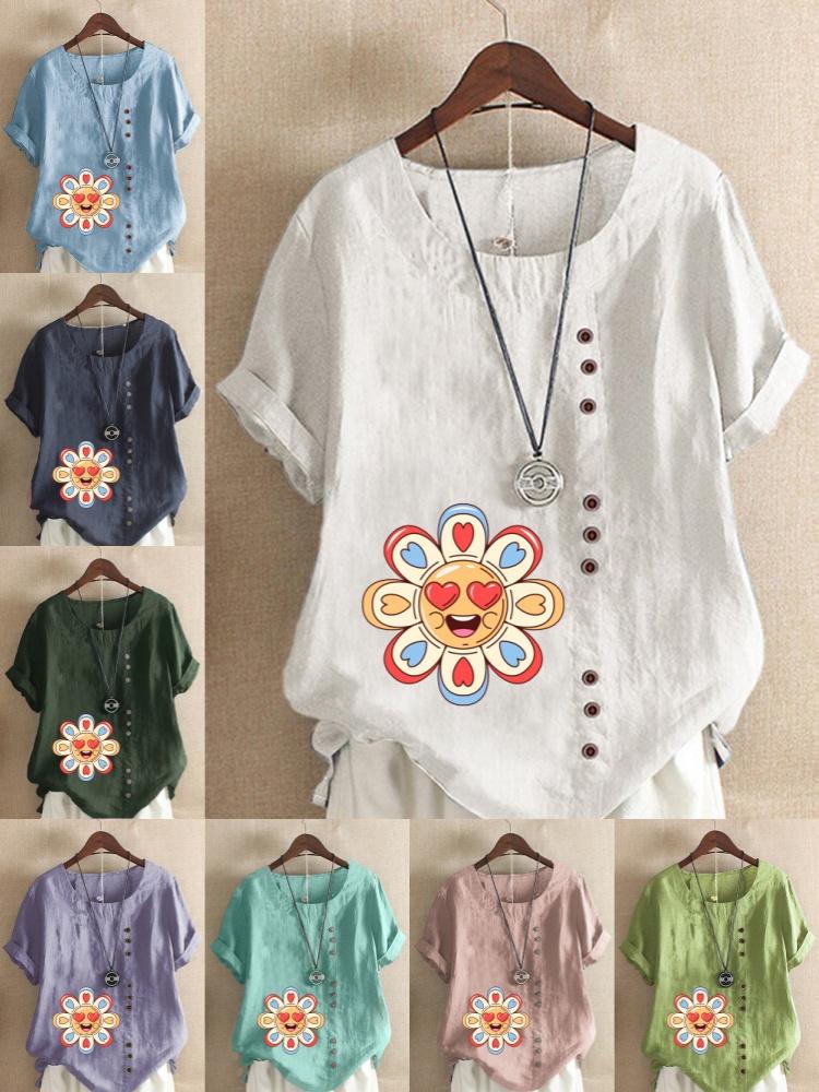 Women's Fashion Love Petal Print Round Neck Short Sleeve T-shirt Casual Cotton Linen Graphic Shirt Leisure Loose Summer Blouse Tops