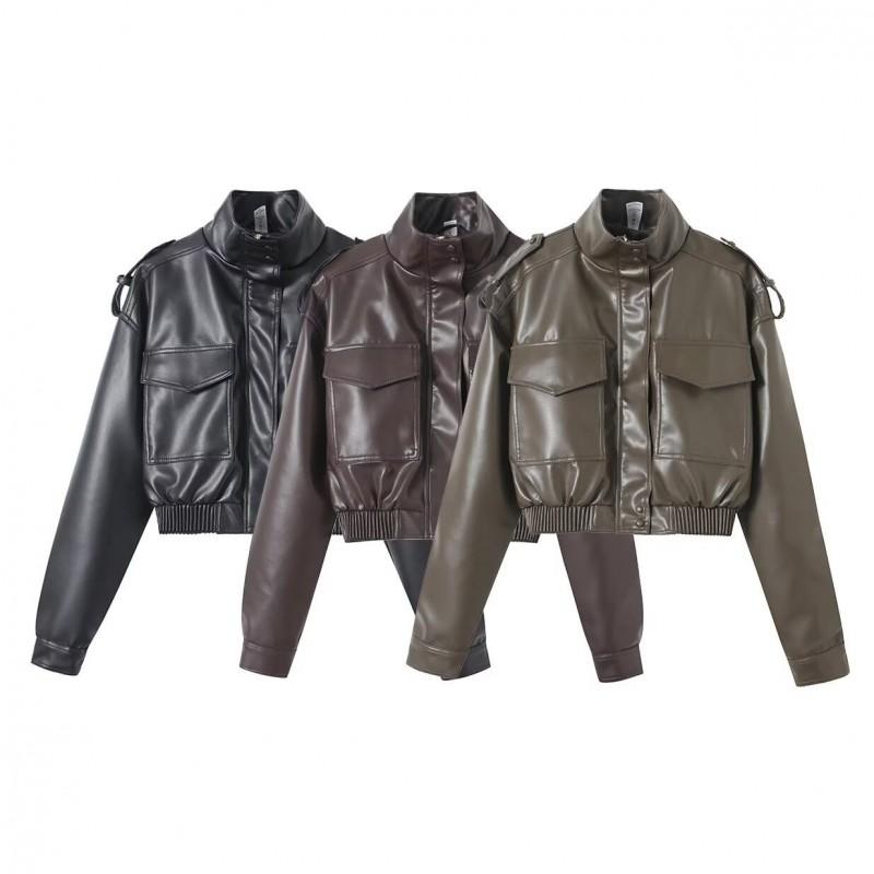 Womens Faux Leather Biker Jacket With Stand Collar Front Pockets Short Length Street Style