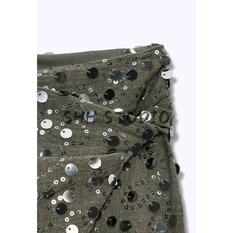 Fall New Women's Clothing Commute Leisure Beads Decoration Double Breasted A- Line Asymmetric Mini Skirt 7969226