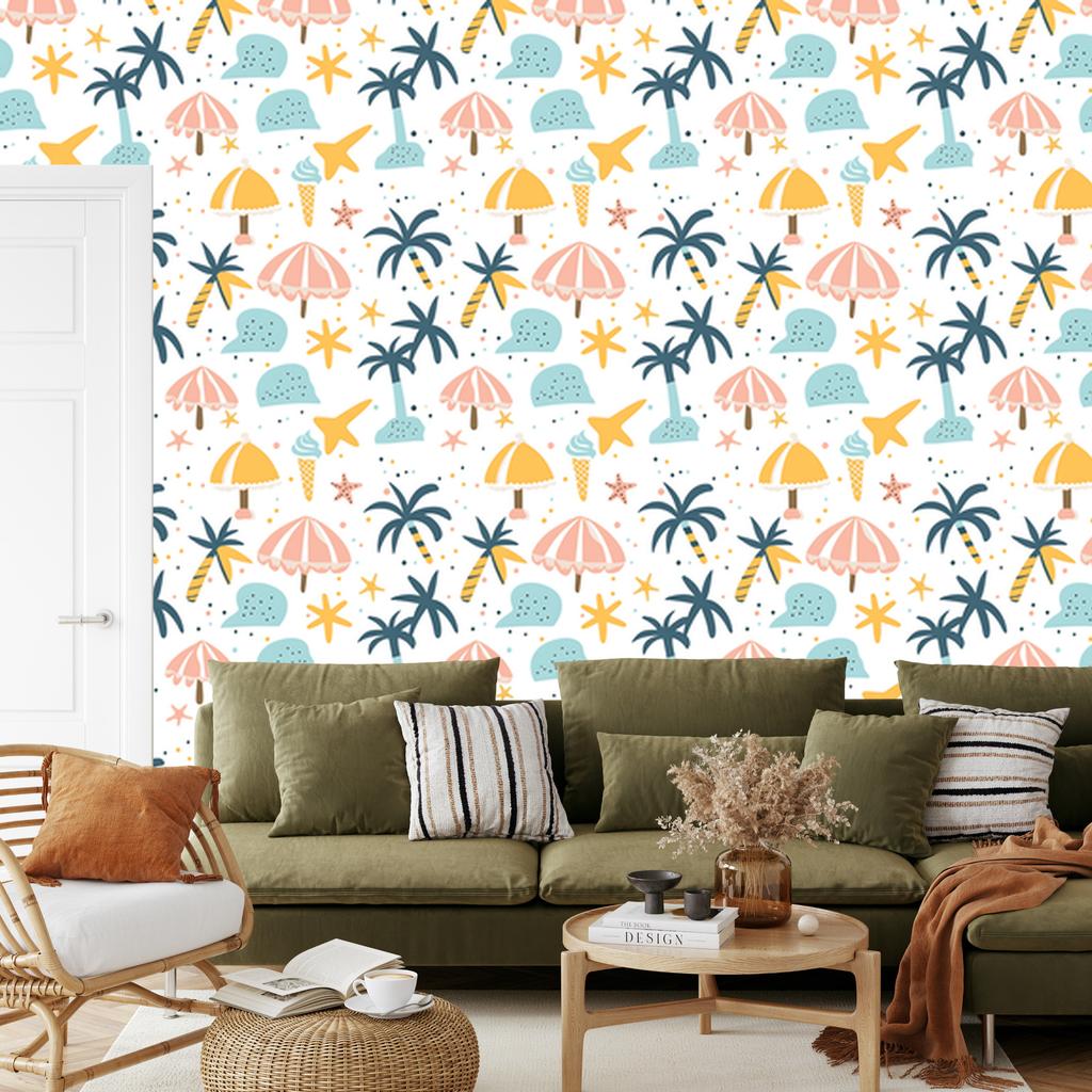 Summer wallpaper white, cream, turquoise and celadon for living room and bedroom 50x1000