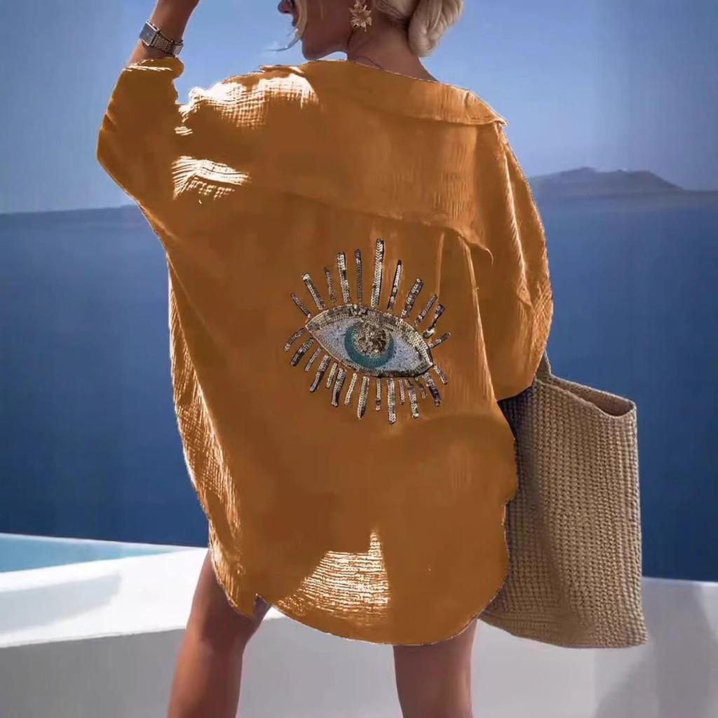 Европейская и американская трансграничная женская повседневная рубашка с длинным рукавом из хлопка и льна с отложным воротником