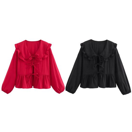 Yousheng женская рубашка с кукольным воротником, пышная рубашка на шнуровке с длинными рукавами, топы, однотонная рубашка свободного покроя с рюшами на подол, уличная одежда