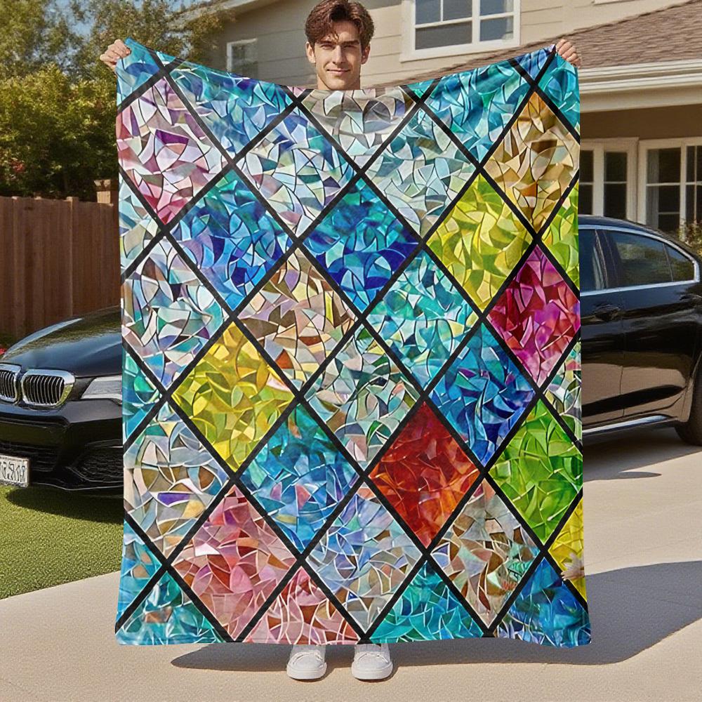 1PC stained glass mosaicOutdoor Flannel Blanket - Soft Plush Decor for Picnics, camping, Bedroom, Playroom, Office, or Lunch Break 1336A
