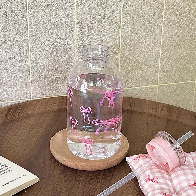 Бутылка для воды Kawaii, эстетический стакан для льда, кофе, сока, чая, симпатичные пластиковые стаканчики с бантом и крышкой-соломинкой, портативная бутылка для питья
