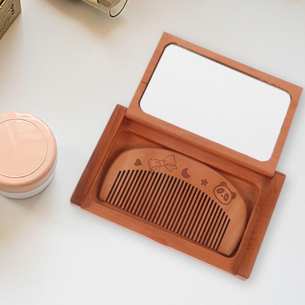 2 in 1 Wooden Comb Mirror Set Peachwood Makeup Mirror Portable Folding Mirror Travel & Home Decor