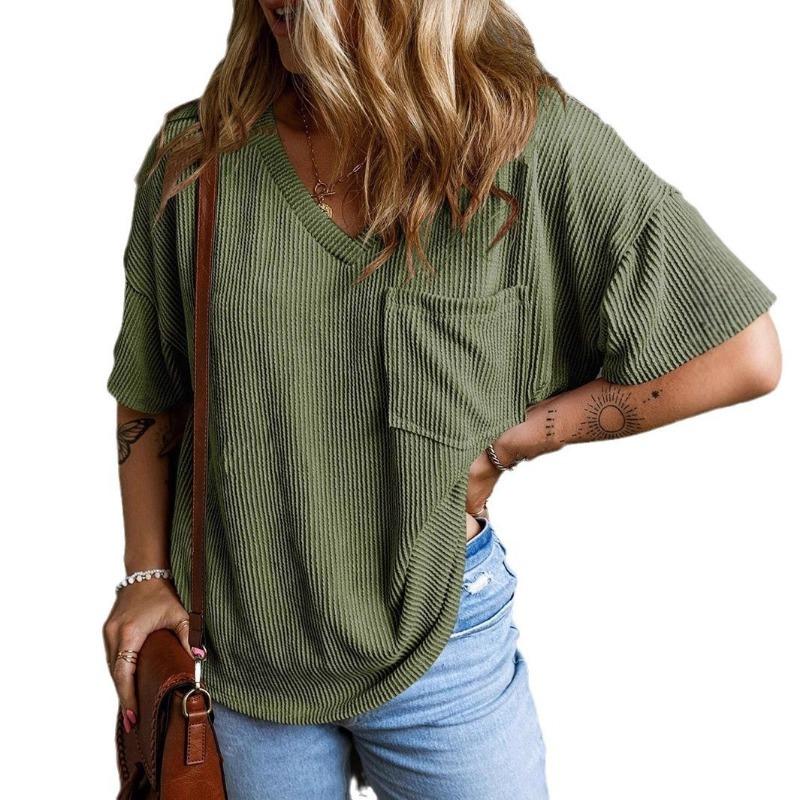 Плюс Размер Женский Летний Новый Повседневный Однотонный Пуловер С V-образным Вырезом Топ с Коротким Рукавом