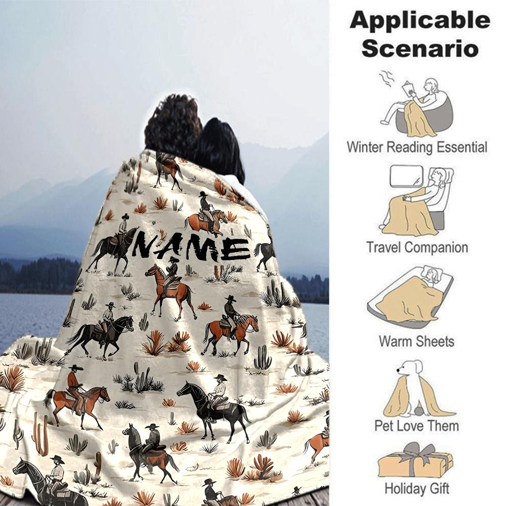 Western Cowboy Horse Riding Scene Design Artwork Multipurpose Customizable Blanket Customize Your Name Soft Cozy For Sofa Couch Office Bed Picnics