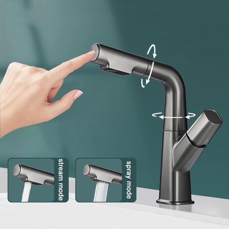 Серый смеситель для кухонной мойки, вращающийся на 360 градусов, выдвижная кнопка, смеситель для раковины с одной ручкой, смеситель для горячей и холодной воды