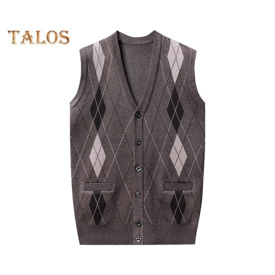 Men Autumn Winter Cardigan Sweater Single-breasted V Neck Sleeveless Buttons Color Matching Stretchy Pockets Knitted Vest Mid-aged Male Top