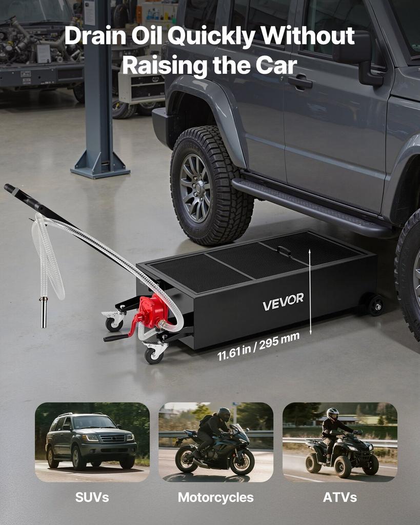 Low Profile Oil Drain Pan, 94.6 L Capacity, Rolling Oil Drain Pan with Manual Pump, 2.2 m Hose & T Folding Handle, Leak-proof & Corrosion-resistant,