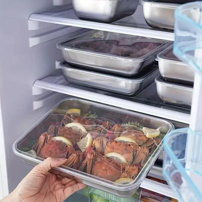 N$ Stainless Steel Food Storage Container Rectangle Dish with Cover Noodles Fruit Tray Lunch Box Thick Refrigerator Plate