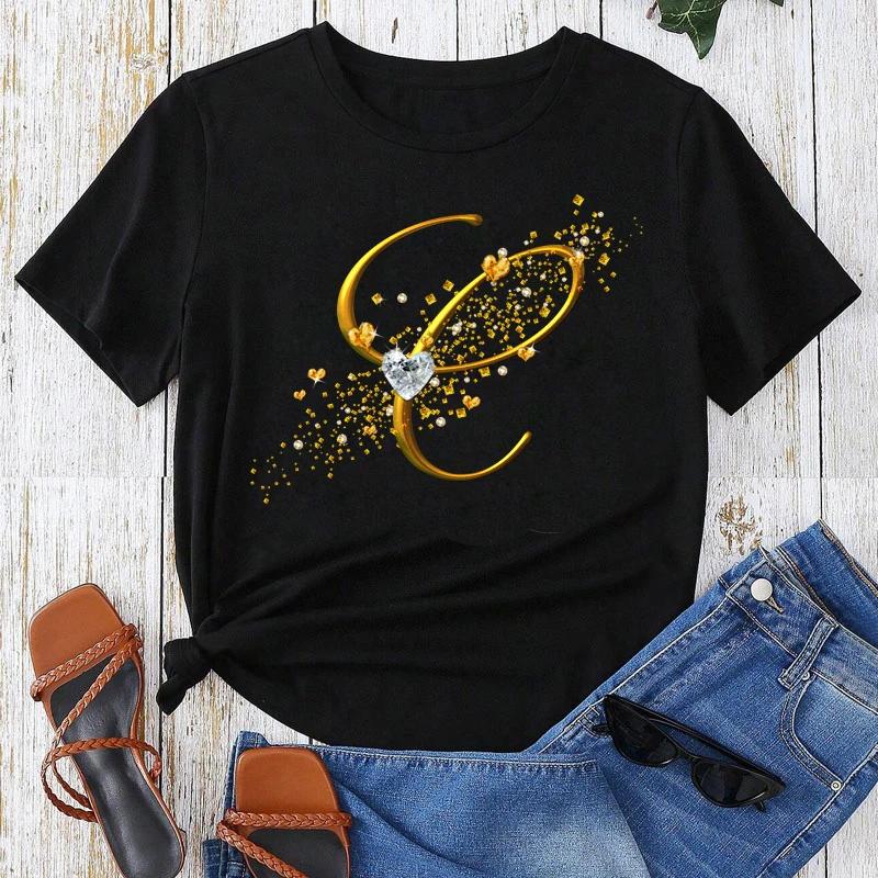 Топы с коротким рукавом с золотым шрифтом из комбинации букв с пользовательским именем, черная футболка, женские топы