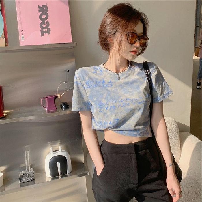 Women's Summer 2024 Korean Tie-Dye Crop Top - Loose, High-Waist, Navel-Baring Short-Sleeve T-Shirt