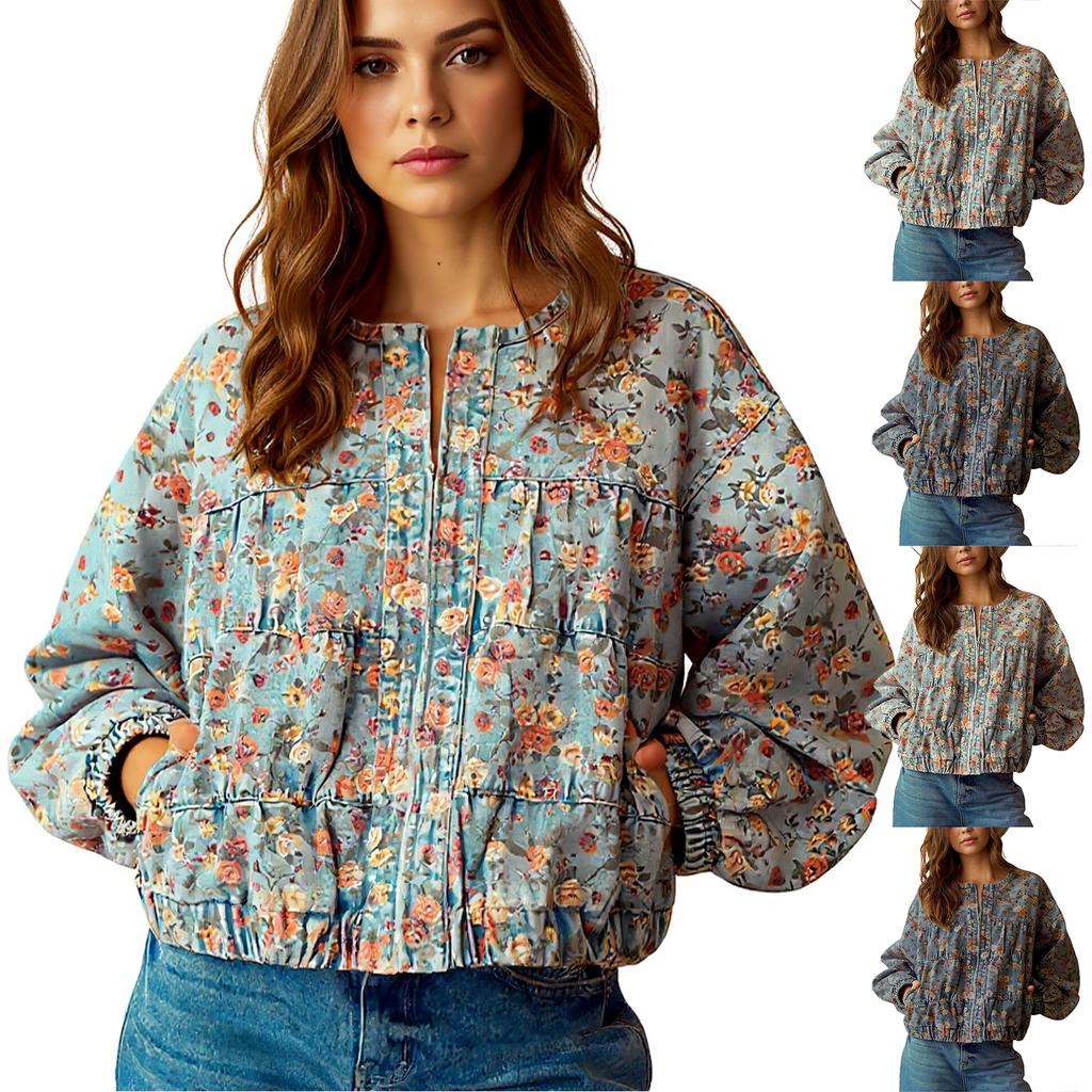 Printed Denim Jacket Loose Long Sleeved Retro Floral Batfly Sleeve Washed Denim Jacket For Women