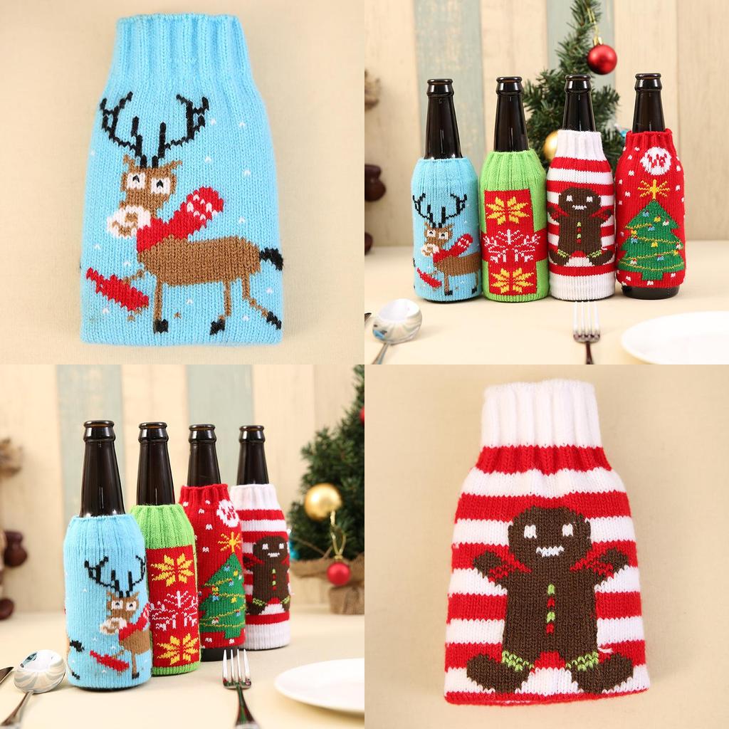 Стильный вязаный рождественский чехол для пивной бутылки с красивыми мотивами снежинок и оленей, идеально подходящий для праздничного настроения.
