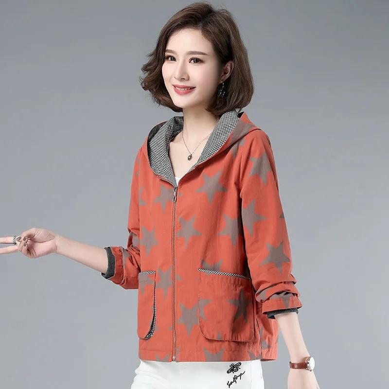 Куртки с капюшоном с принтом, женские весенние повседневные свободные верхняя одежда больших размеров, двусторонняя одежда L-4XL, ветровки, пальто, топы в корейском стиле
