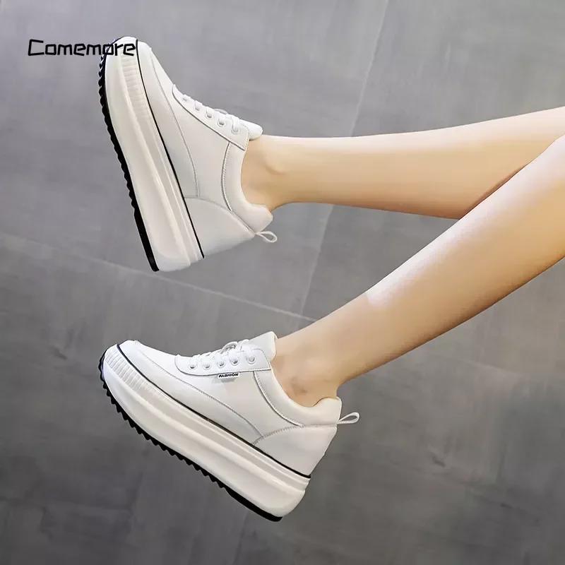 Platform Wedge Female Women 8CM Heels Sneakers Chunky Spring Autumn Shoe Women’s Genuine Leather Casual Black Shoes