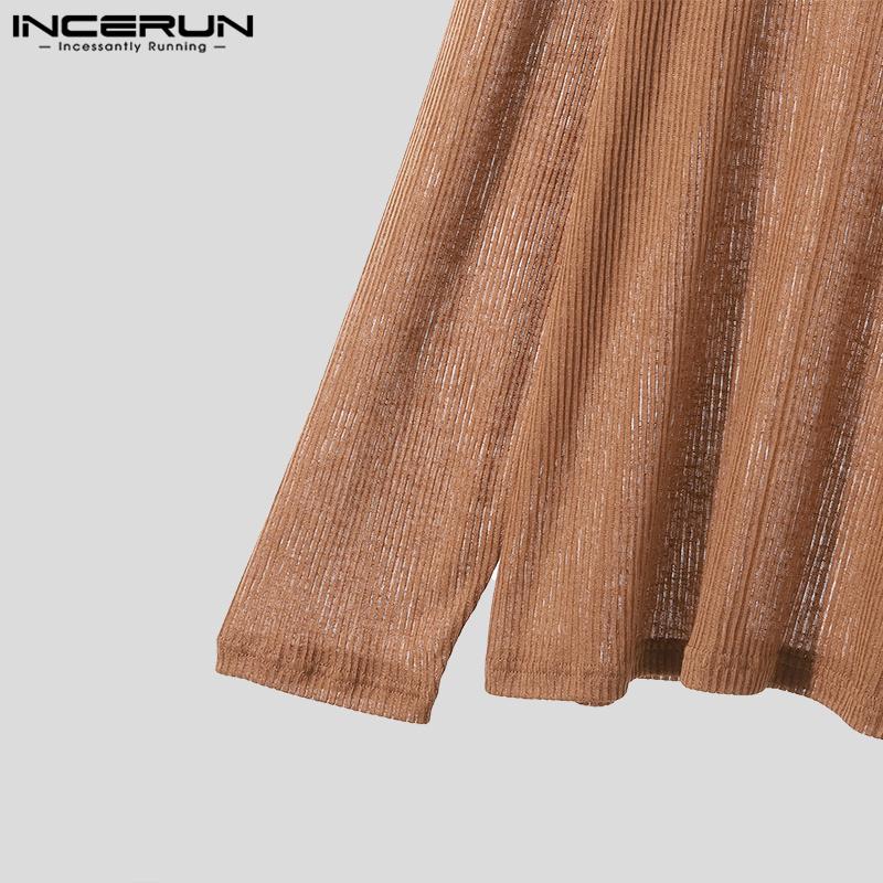 INCERUN Весенние мужские полые топы с длинными рукавами, повседневные прозрачные вязаные пуловеры