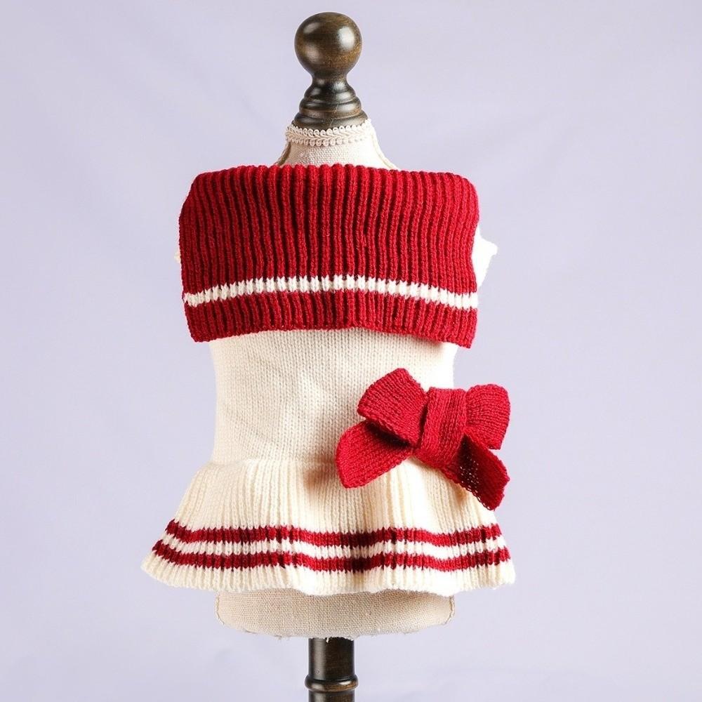 Warm Dog Sweater Dress Knit Sweater Bow Yarn Skirt Fashion Striped Dog Sweatshirt Daily Wear