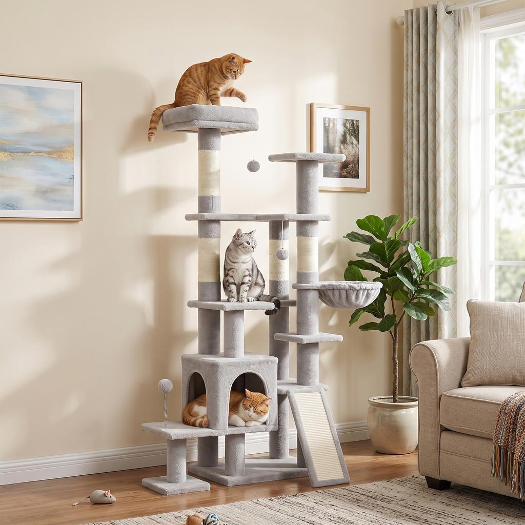 Large Cat Tree 152 Cm High With Scratching Posts Caves 2 Entrances 3 Balls Hammock 6 Kg Light Gray