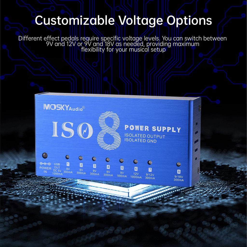 MOSKYAUDIO 9-Channel Musical Instrument Power Supply with Independent Short Circuit Protection LED