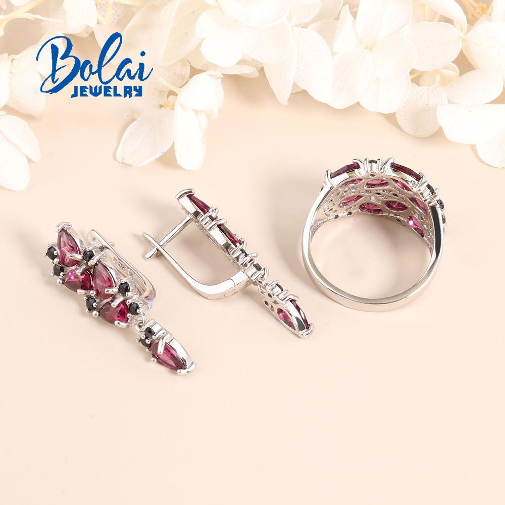 Bolaijewelry Кольца с натуральным родолитом, серьги из стерлингового серебра 925 пробы, изысканные украшения для женщин, жены, роскошный дизайн, подарок на годовщину