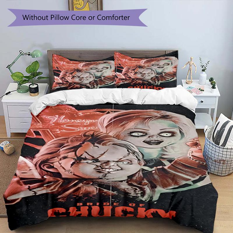 3pcs Duvet Cover Set (1*Duvet Cover + 2*Pillowcase, Without Core), Bride of Chucky Print Bedding Set, Bedroom Decor, All‑Season, Birthday Gift
